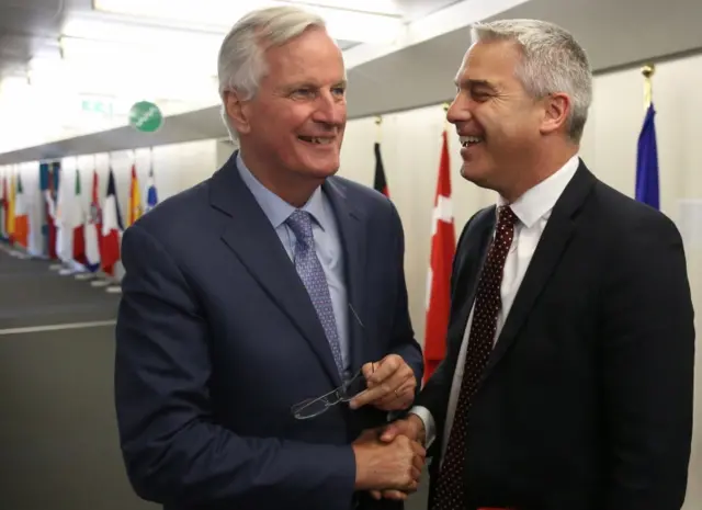 Michel Barnier and Stephen Barclay shake hands as their meeting last week