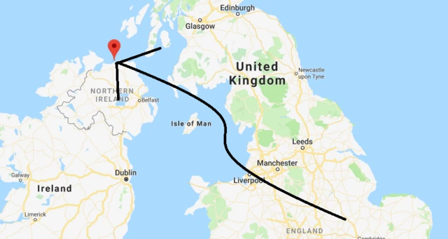 Map of UK and arrow pointing at Portrush