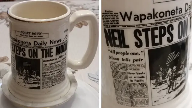 Mug showing the front page of the Wapakoneta Daily News with a front page story about the Moon landing