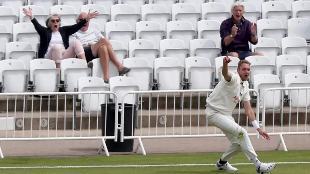 Stuart Broad's stunning boundary catch got a justifiably excited reaction at a far from full Trent Bridge