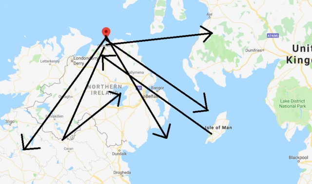 Map of Northern Ireland with arrows