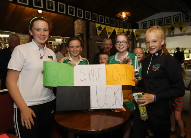 Orla and Niamh Garvey, Shannan Molloy and Sinead Ni Cheilleachair watching Shane Lowry in the final round of The Open at his home golf club, Esker Hills, in Tullamore, County Offaly.