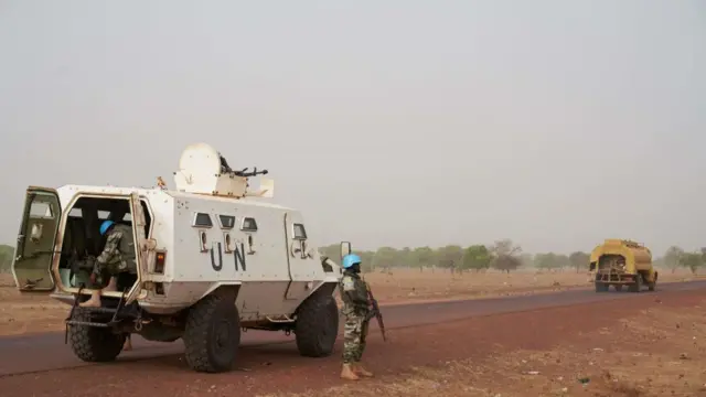 UN soldiers patrol the road between Mopti and Djenne in central Mali in 2019.