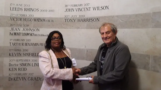 Eileen Taylor and Tony Harrison with his Leeds Award.