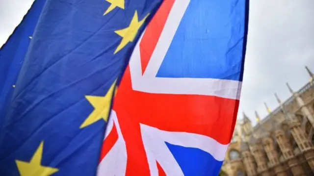 European and UK flags outside Parliament