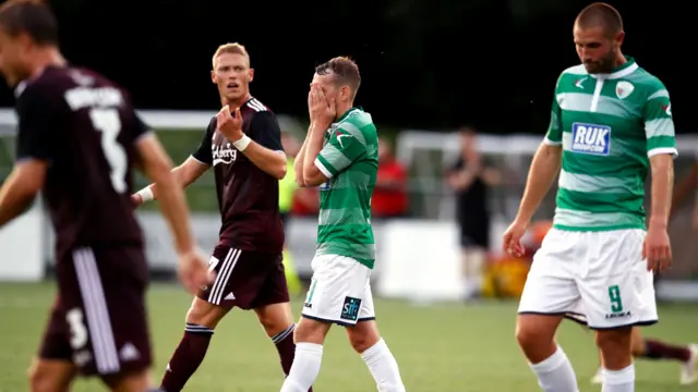 The New Saints" Jamie Mullan reacts after a missed chance in the match