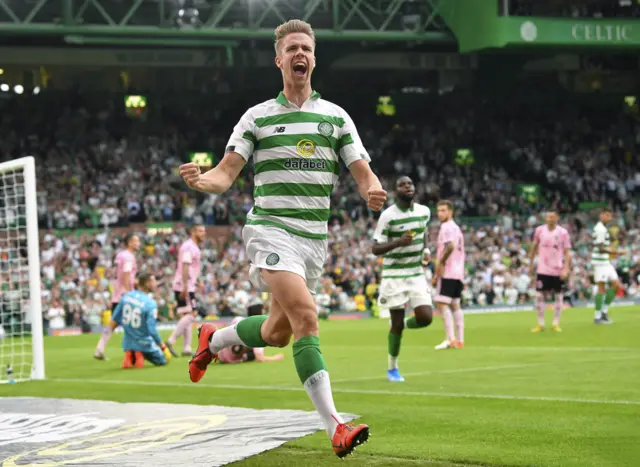 Kristoffer Ajer celebrates the opening goal for Celtic