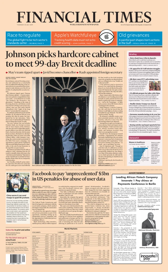 Financial Times front page 25/07/19