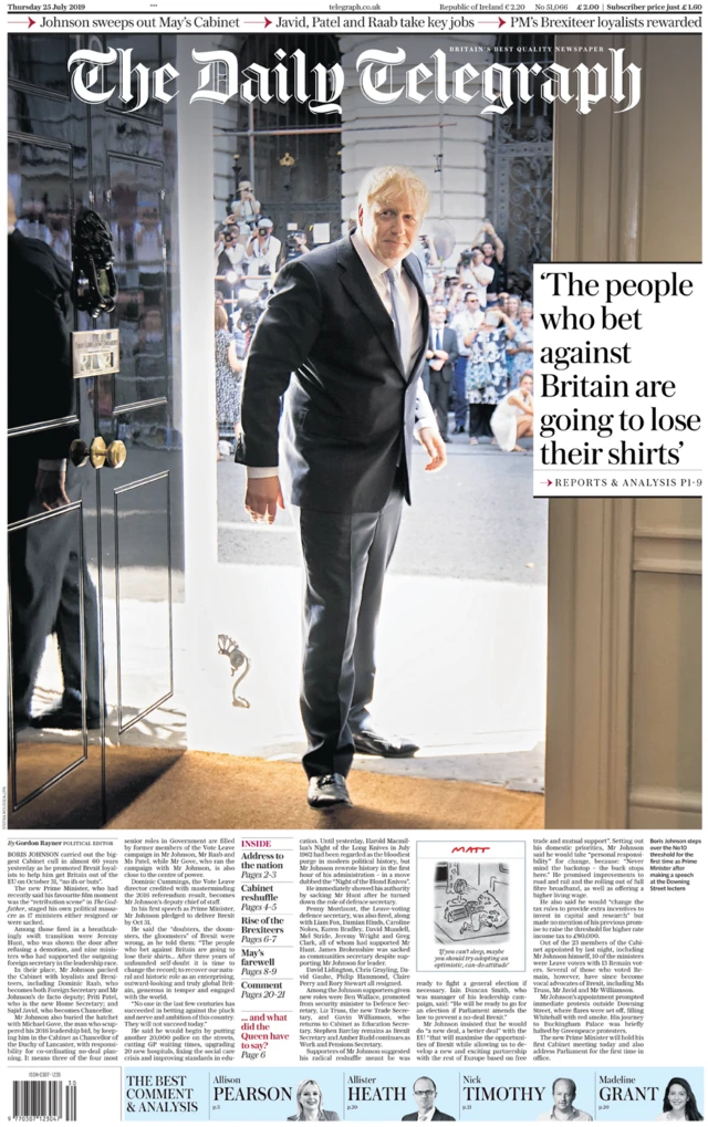 Daily Telegraph front page 25/07/19