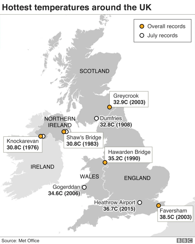 Map showing record temperatures around the UK