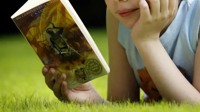 A child reads a book while lying on the grass