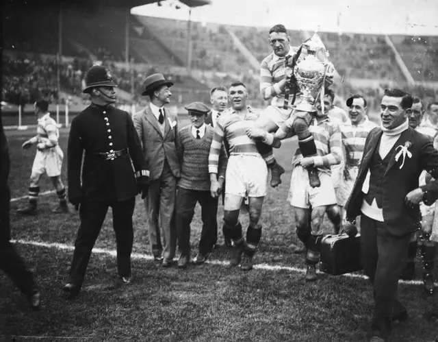 Halifax celebrate winning the Challenge Cup final at Wembley in 1931