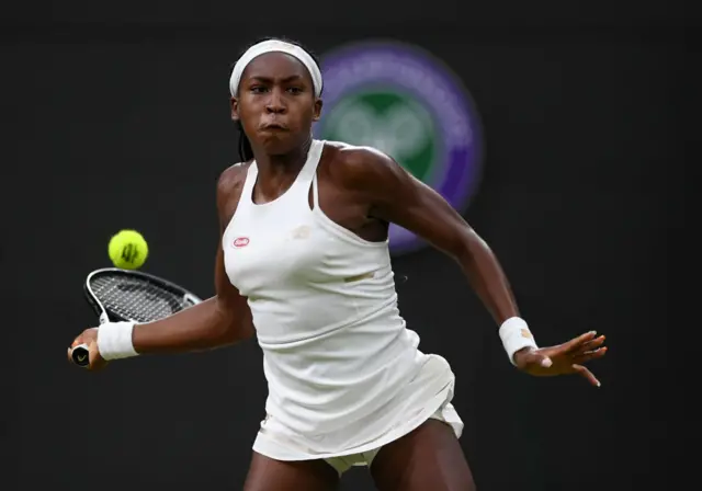 Coco Gauff hits a forehand