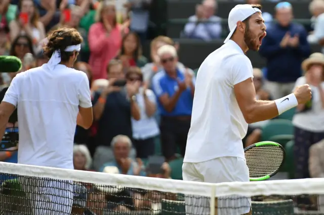 Karen Khachanov celebrates beating Feliciano Lopez