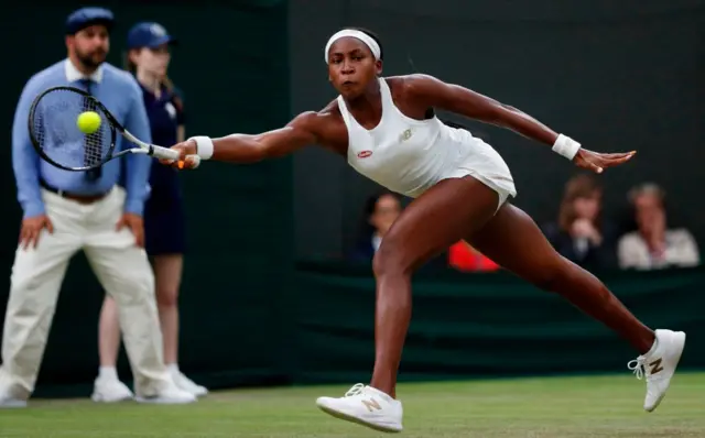 Coco Gauff hits a forehand