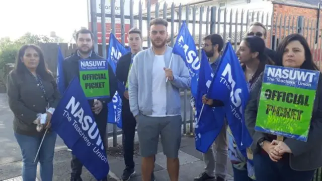 Teachers at a picket line last week