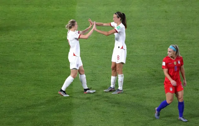 Ellen White with Jill Scott during the FIFA Women"s World Cup Semi Final match at the Stade de Lyon