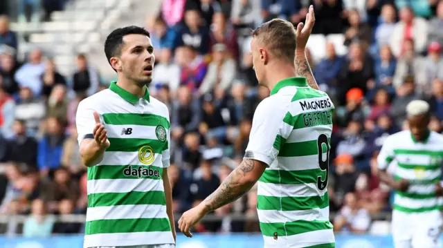 Lewis Morgan and Leigh Griffiths celebrate the opening goal in Tallinn