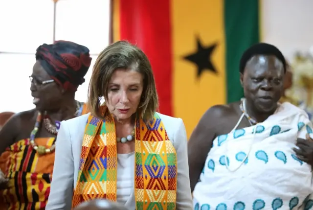 Nancy Pelosi looks on during her visit to the palace used by Paramount Chief of Cape Coast traditional area, Osaabarima Kwesi Atta II, after her tour at Cape Coast Castle which was used as a trading post from where slaves would be taken to America, in Ghana July 30, 2019.