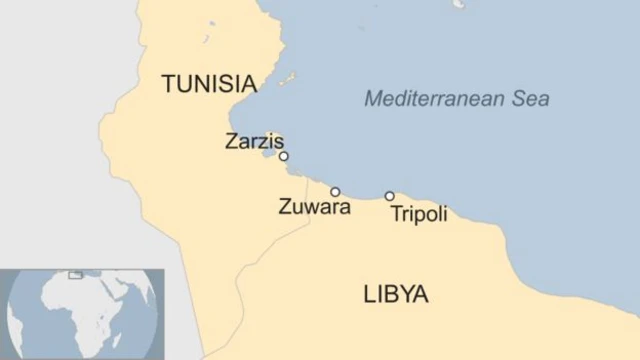 A map showing the location of Zarzis in Tunisia.