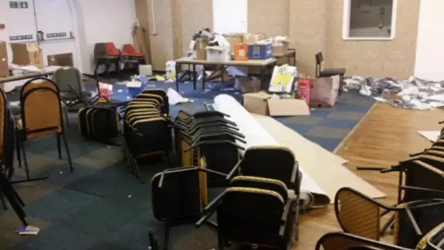 Chairs thrown on floor of centre