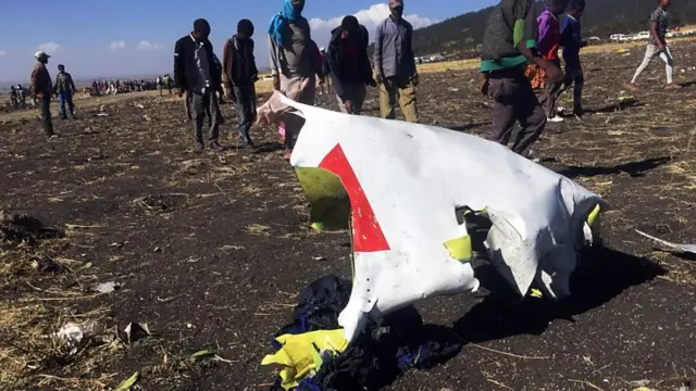 Wreckage pictured at the crash site of Ethiopian Airlines flight 302.