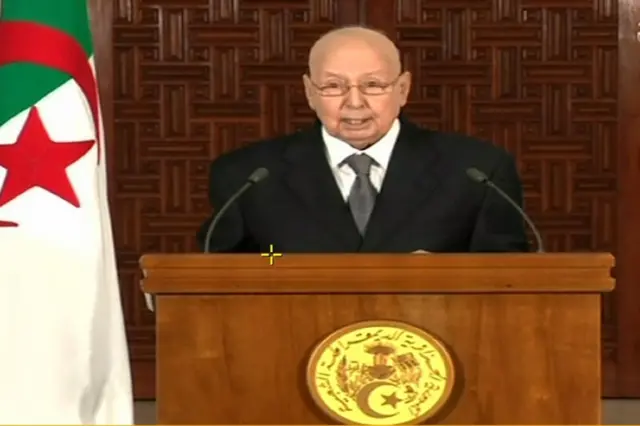 An image grab from the Algerian national television chanel on 3 July 2019, shows Algerian interim President Abdelkader Bensalah addressing the nation