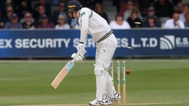 Steven Patterson of Yorkshire is bowled out by Peter Siddle