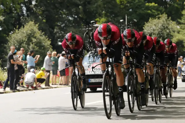 Team Ineos riders out on the cours
