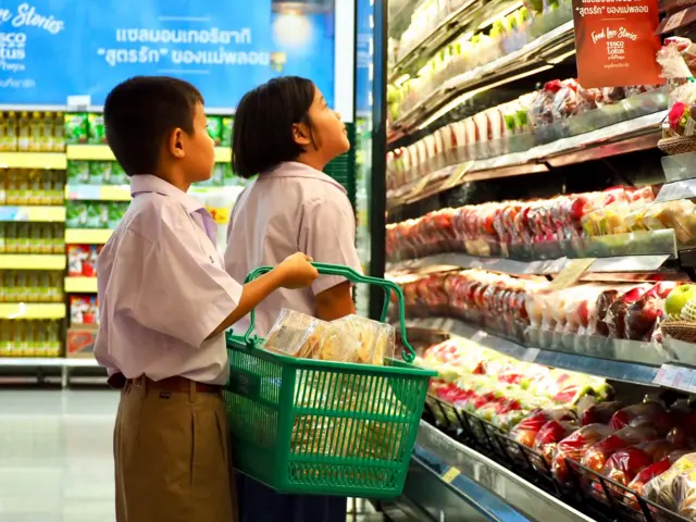 Children shop at a Tesco Lotus supermarket in Thailand