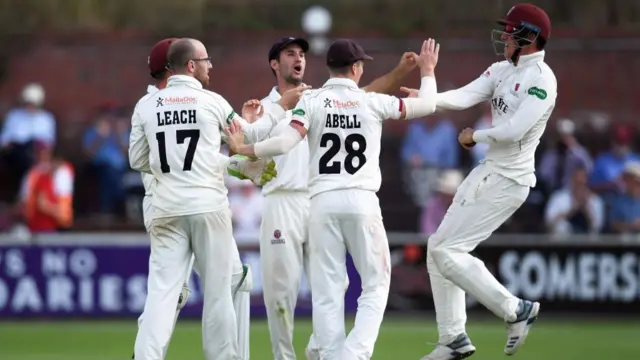 Somerset celebrate Jack Leach wicket