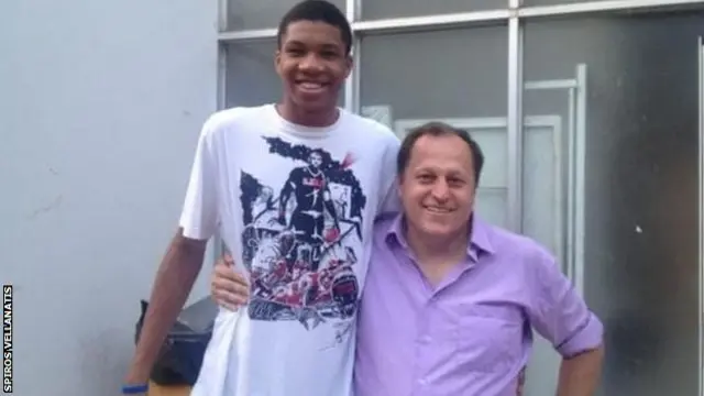 Giannis Antetokounmpo pictured as a teenager with Spiros Vellanatis