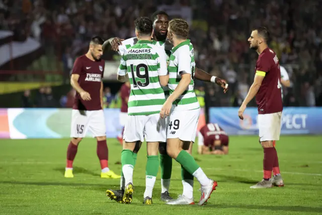 Odsonne Edouard celebrates after scoring Celtic's second goal in Sarajevo