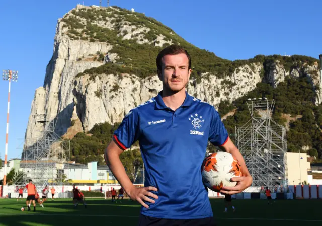 Rangers' Andy Halliday poses at the Victoria Stadium in Gibraltar