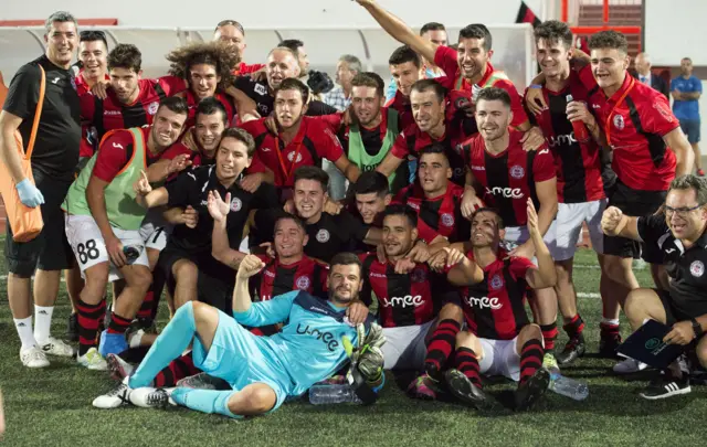 Lincoln Red Imps celebrate their famous win over Celtic in 2016