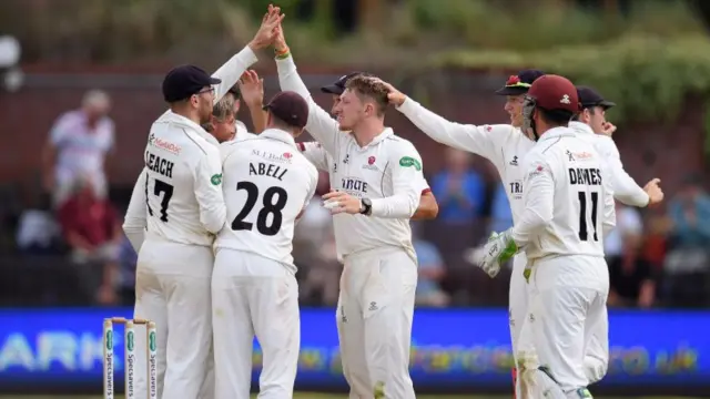 Dom Bess celebrates with his Somerset team-mates