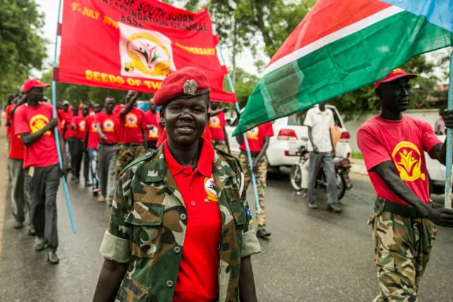 Soldiers of South Sudan's army parading in the streets of the capital, Juba, during Independence Day celebrations.