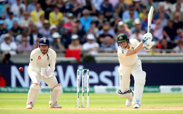 Steve Smith in batting action during day one of the Ashes Test match at Edgbaston