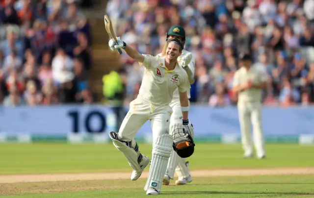 Steve Smith celebrates his century during day one of the Ashes Test match at Edgbaston, Birmingham
