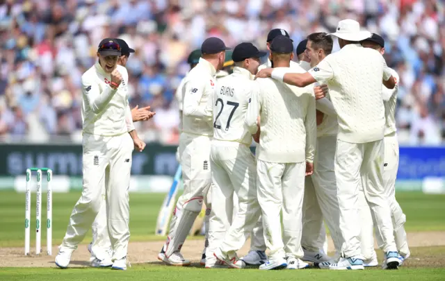 England captain Joe Root celebrates the wicket of Usman Khawaja of Australia during day one of the 1st Specsavers Ashes Test between England and Australia at Edgbaston