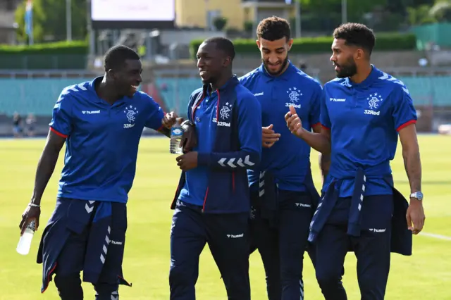 From left to right: Rangers' Sheyi Ojo, Glen Kamara, Connor Goldson and Wes Foderingham