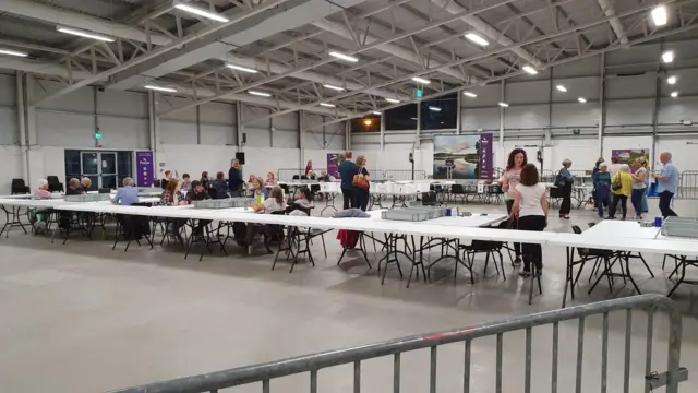 Food Hall at the Royal Welsh showground, setting up for the Brecon & Radnorshire by-election count