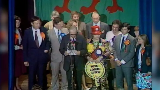 Picture of the candidates in the 1985 Brecon and Radnorshire by-election waiting to hear the result