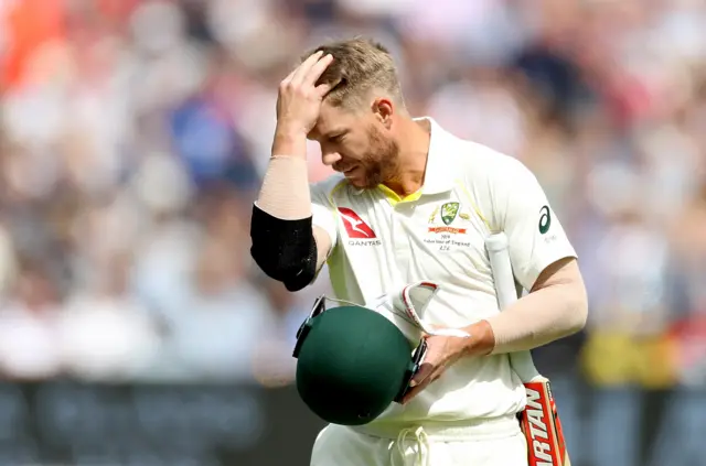 David Warner looks dejected after losing his wicket
