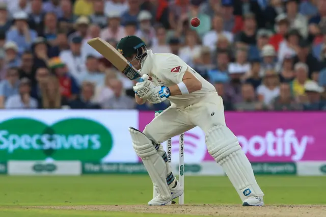 Steve Smith ducks a bouncer on the opening day of the first Ashes cricket Test match between England and Australia at Edgbaston