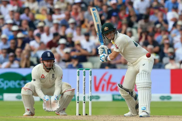 Steve Smith plays a shot during play on the opening day of the first Ashes cricket Test match between England and Australia