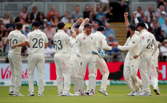 England players celebrate the wicket of Australia's Matthew Wade following a review