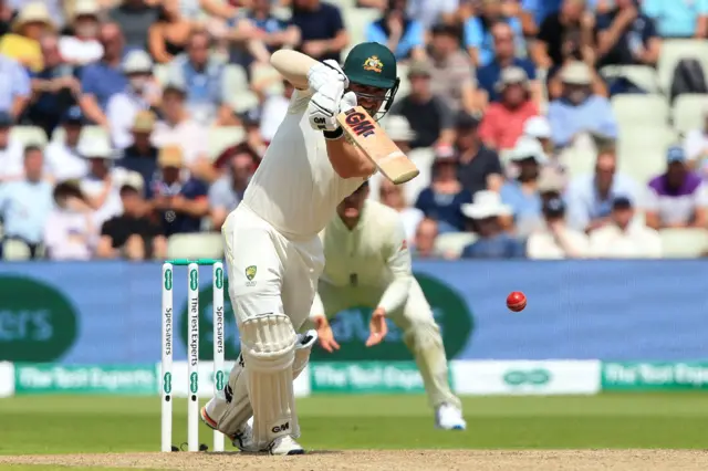 Travis Head plays a shot on the opening day of the first Ashes cricket Test match between England and Australia at Edgbaston in Birmingham
