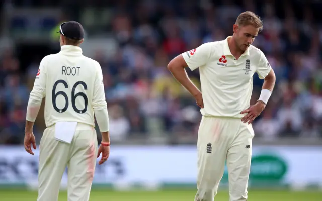 Stuart Broad (right) looks dejected during day one of the Ashes Test match at Edgbaston, Birmingham