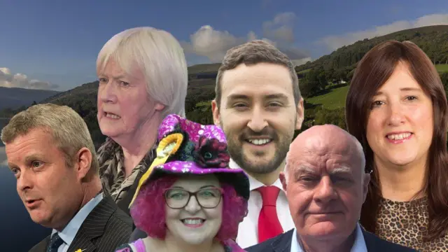 Image of all six candidates standing in the Brecon & Radnorshire by-election: Chris Davies (Conservative) Liz Phillips (UKIP) Lady Lily the Pink (Monster Raving Loony Party) Tom Davies (Labour Party) Des Parkinson (Brexit Party) Jane Dodds (Liberal Democrat)